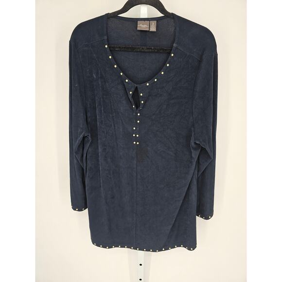 Chico's Travelers Women's Navy Blue Slinky Keyhole Bead Tunic Knit Blouse Size 3 - Picture 1 of 4